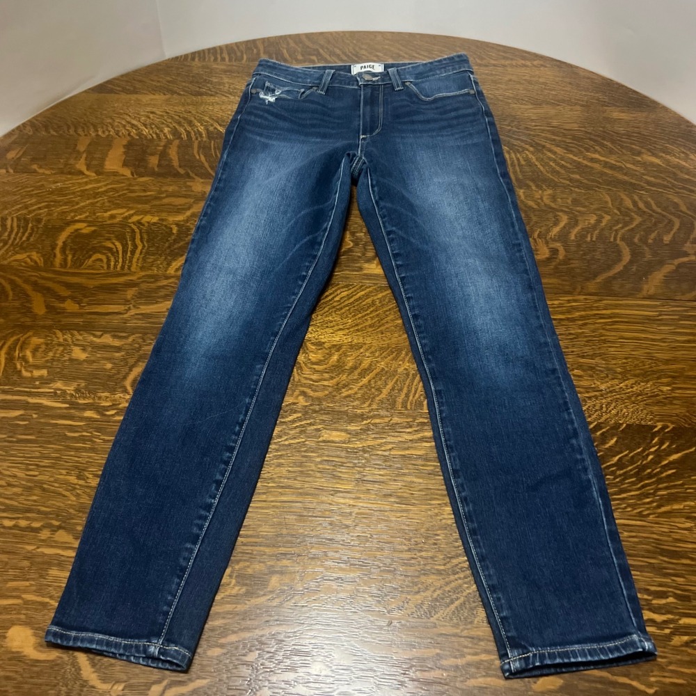 PAIGE Hoxton Ankle Jeans Womens 27 Blue Dark Wash Distressed High Rise Slim